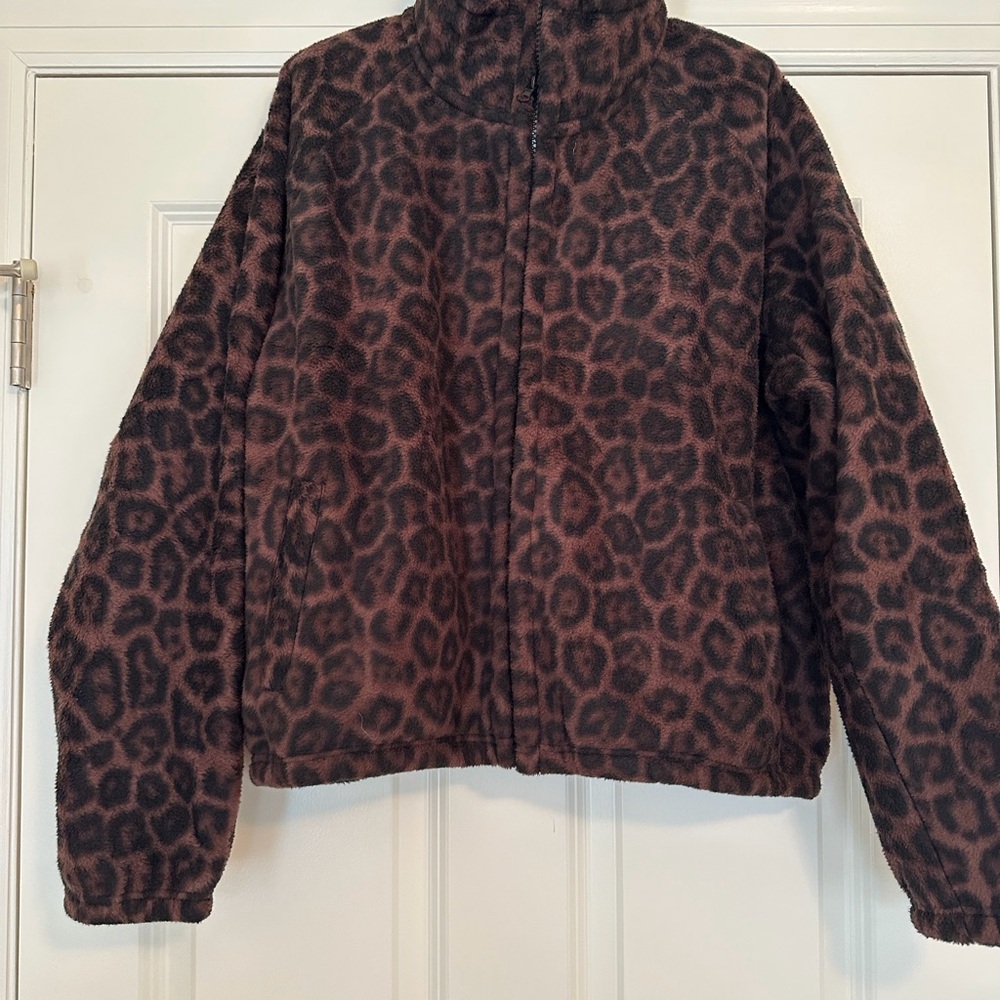 Leopard Print Fleece Jacket - Brown and Black